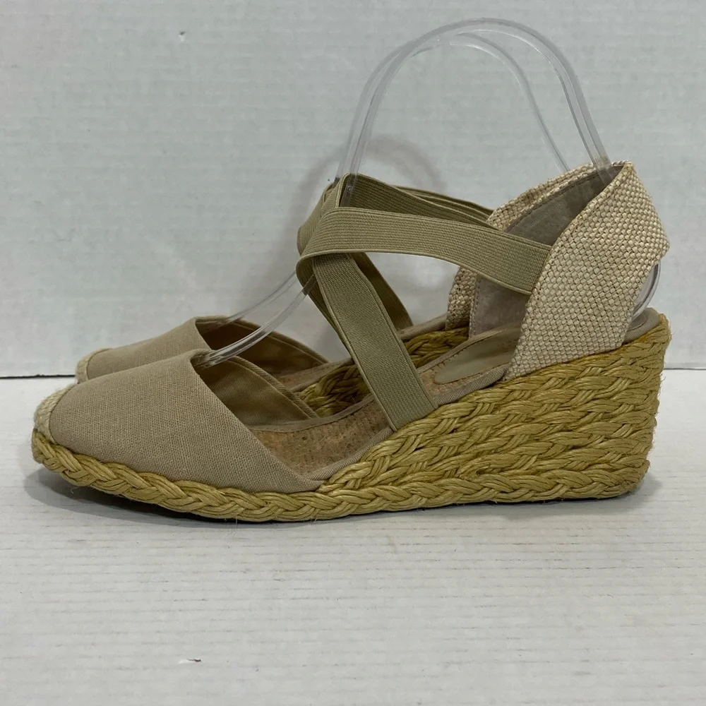 Ralph Lauren Cassandra Linen Espadrille Wedges Sz 7.5 | Neutral Slip-On Heels